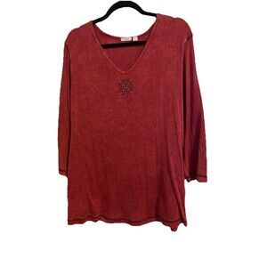 Apt 9  Shirt Top Blouse 3/4 Sleeve Burnout Maroon Plus Size 2X Rhinestone